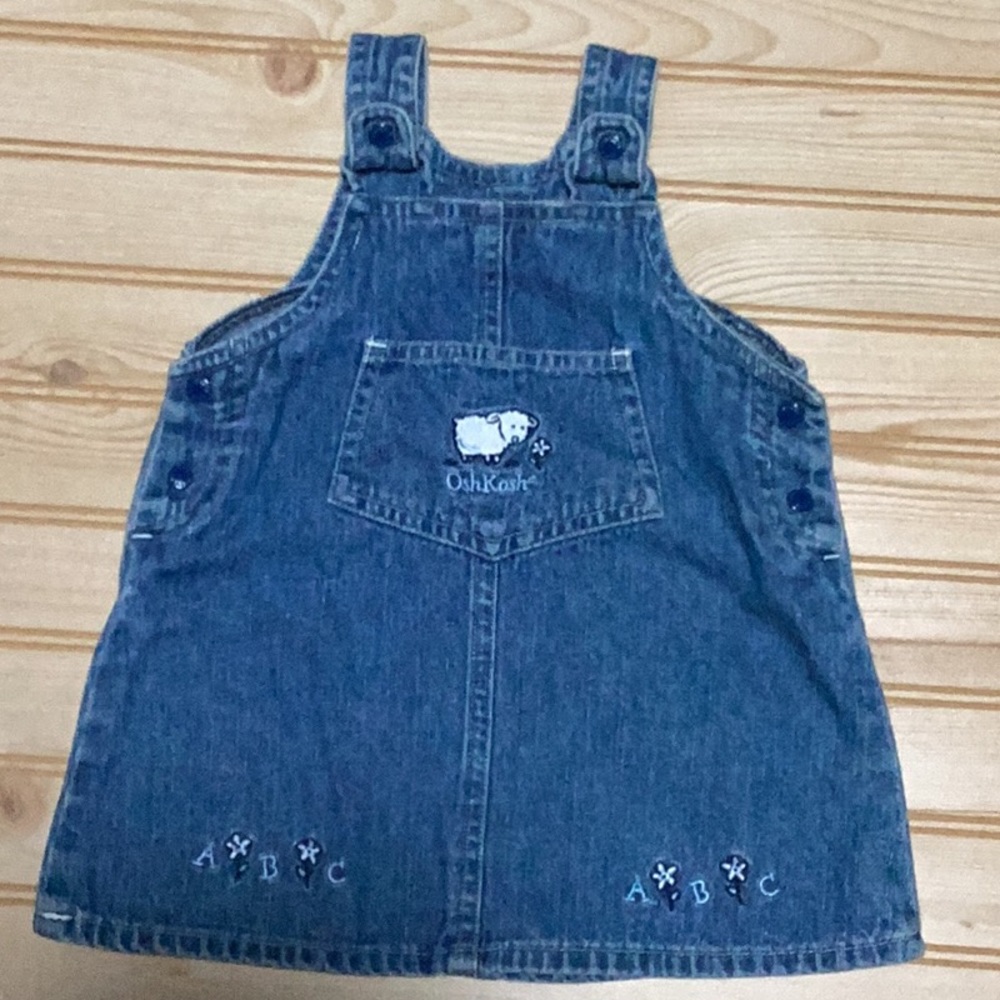 Vintage OshKosh B’Gosh Embroidered‎ Lamb Alphabet Blue Jean Denim Dress Jumper